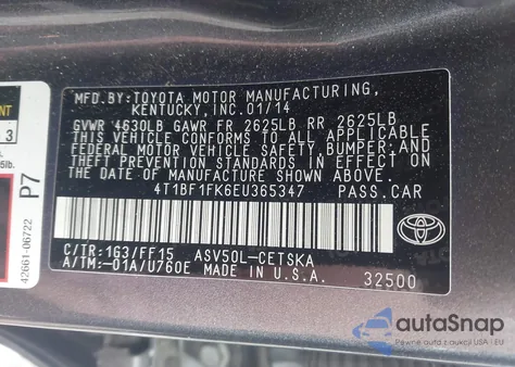 2014 Toyota Camry Se from USA, damaged, VIN 4T1BF1FK6EU365347